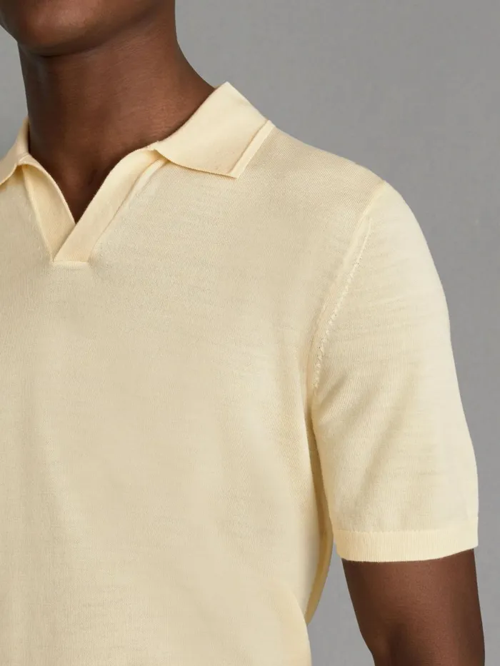 Men Reiss Polo Shirts Duchie Merino Wool Open Collar Polo Shirt Buttermilk Yellow