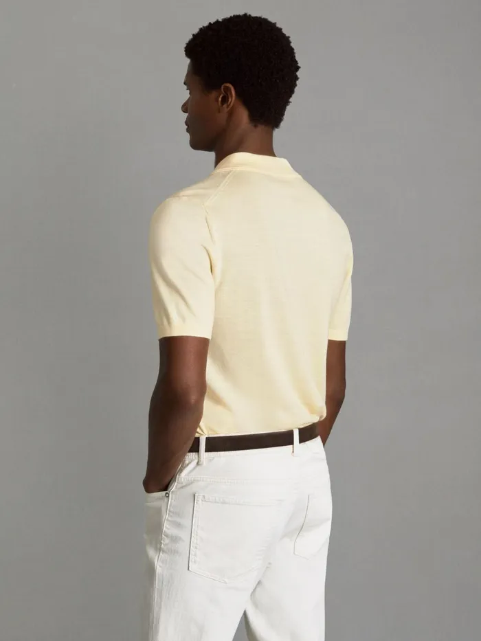 Men Reiss Polo Shirts Duchie Merino Wool Open Collar Polo Shirt Buttermilk Yellow