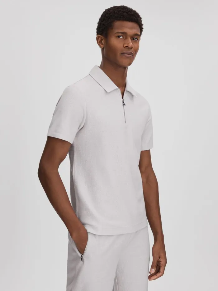 Men Reiss Polo Shirts Felix Textured Cotton Half Zip Polo Shirt Silver