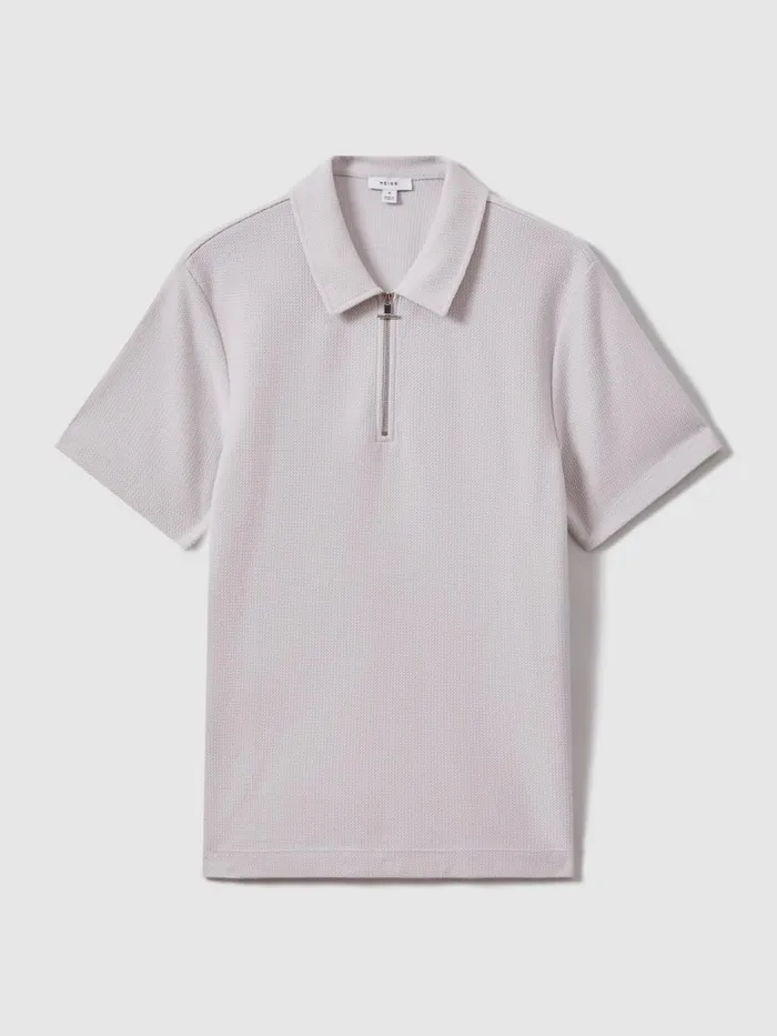 Men Reiss Polo Shirts Felix Textured Cotton Half Zip Polo Shirt Silver