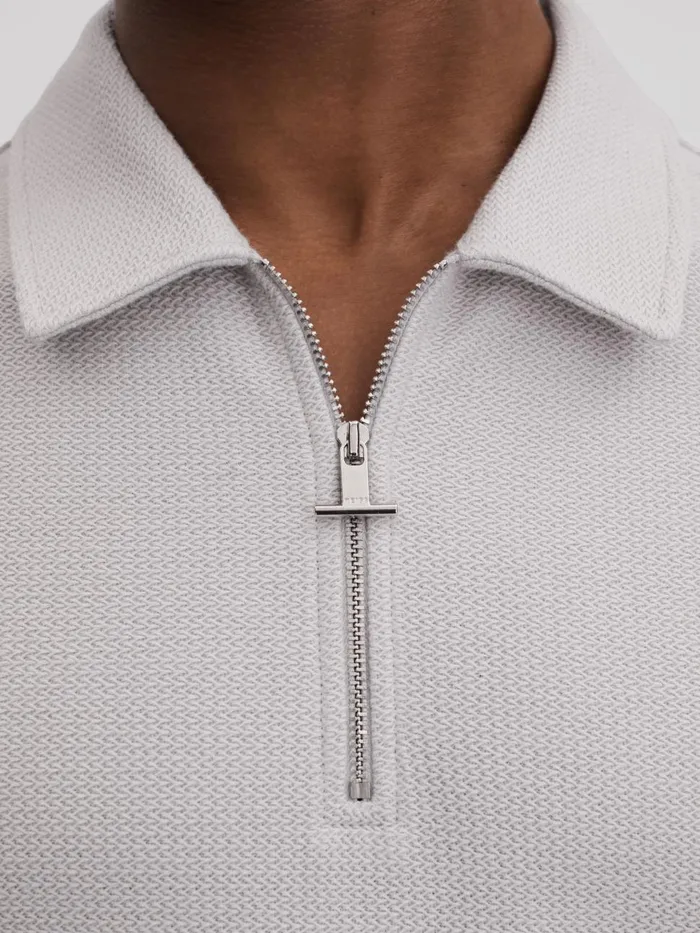 Men Reiss Polo Shirts Felix Textured Cotton Half Zip Polo Shirt Silver