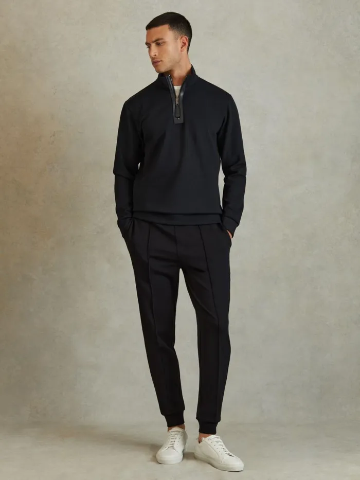 Men Reiss Polo Shirts Hale Contrast HalfZip Funnel Neck Jumper Navy Blue