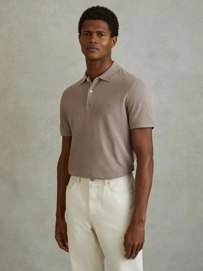 Men Reiss Polo Shirts Peters Slim Fit Garment Dyed Embroidered Polo Shirt Dark Taupe