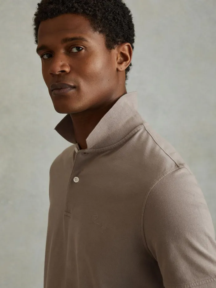 Men Reiss Polo Shirts Peters Slim Fit Garment Dyed Embroidered Polo Shirt Dark Taupe