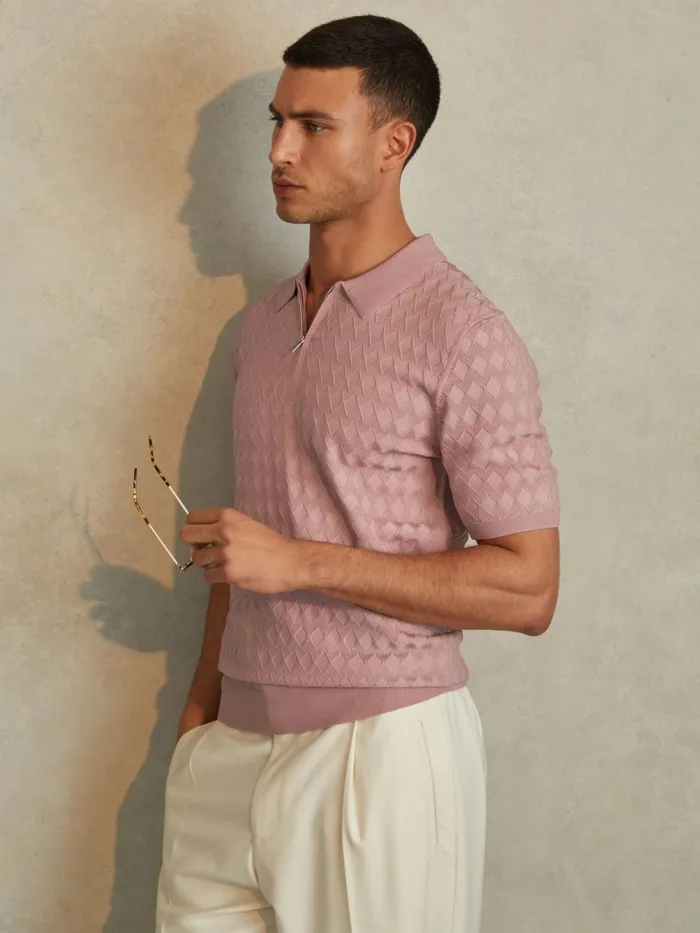 Men Reiss Polo Shirts Rizzo HalfZip Knitted Polo Shirt Soft Pink
