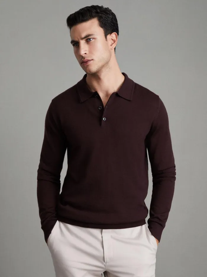Men Reiss Polo Shirts Trafford Merino Wool Polo Shirt Bordeaux