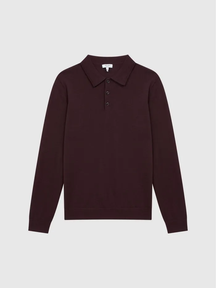 Men Reiss Polo Shirts Trafford Merino Wool Polo Shirt Bordeaux