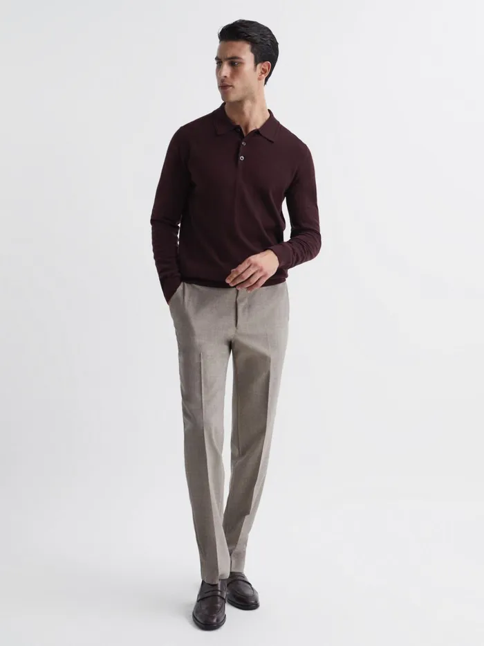 Men Reiss Polo Shirts Trafford Merino Wool Polo Shirt Bordeaux