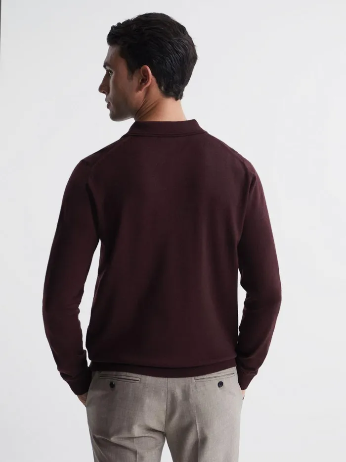 Men Reiss Polo Shirts Trafford Merino Wool Polo Shirt Bordeaux