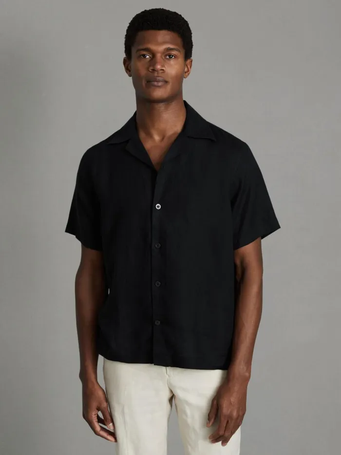 Men Reiss Shirts Beldi Relaxed Linen Cuban Collar Shirt Black