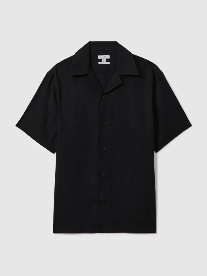 Men Reiss Shirts Beldi Relaxed Linen Cuban Collar Shirt Black