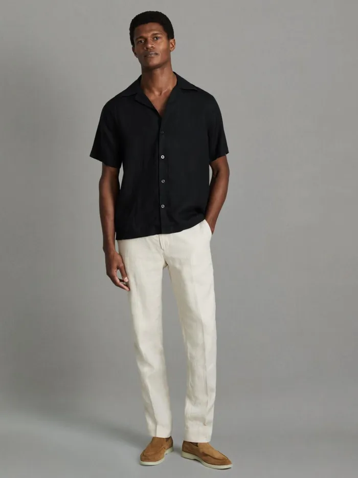 Men Reiss Shirts Beldi Relaxed Linen Cuban Collar Shirt Black