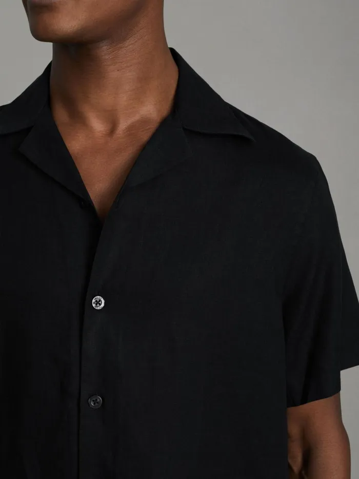 Men Reiss Shirts Beldi Relaxed Linen Cuban Collar Shirt Black