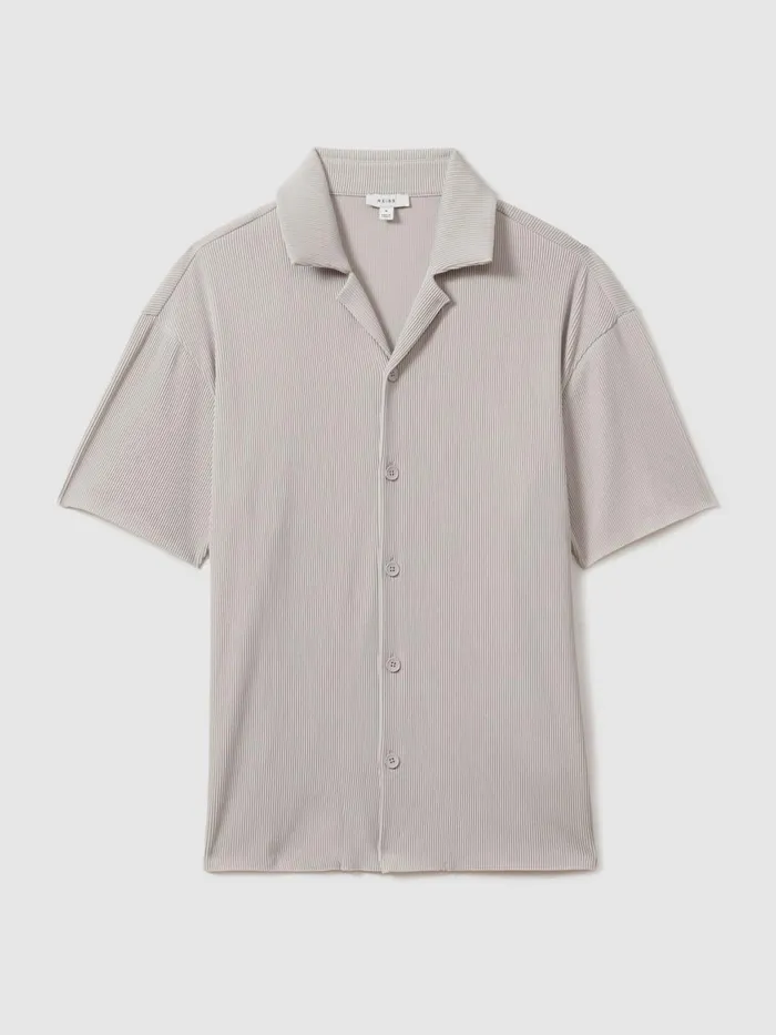 Men Reiss Shirts Chase Ribbed Cuban Collar Shirt Silver