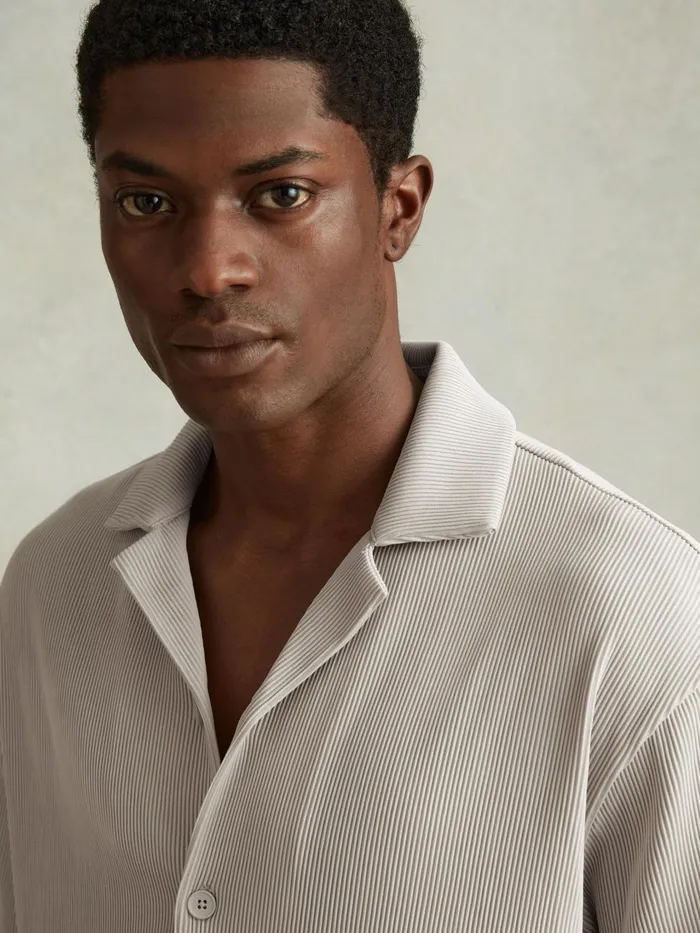 Men Reiss Shirts Chase Ribbed Cuban Collar Shirt Silver