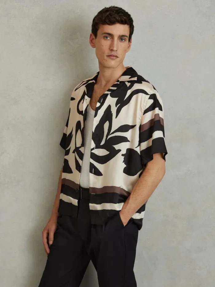 Men Reiss Shirts Croft Relaxed Cuban Collar Shirt Blackecru