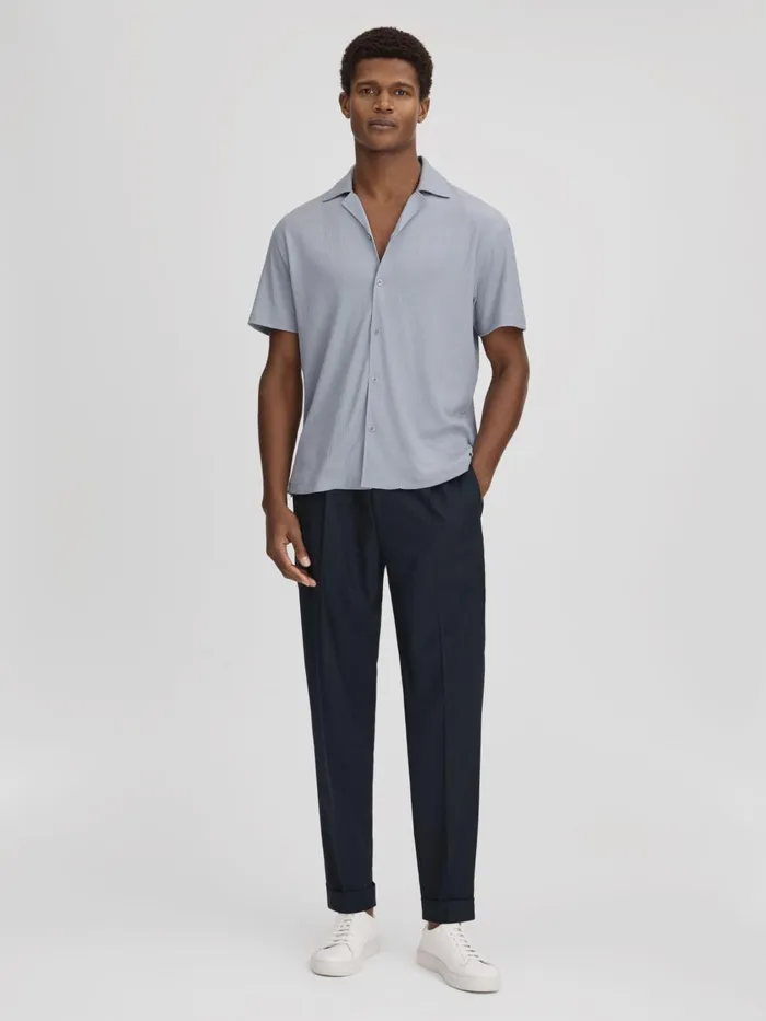 Men Reiss Shirts Hunt Textured Cuban Collar Shirt Porcelain Blue