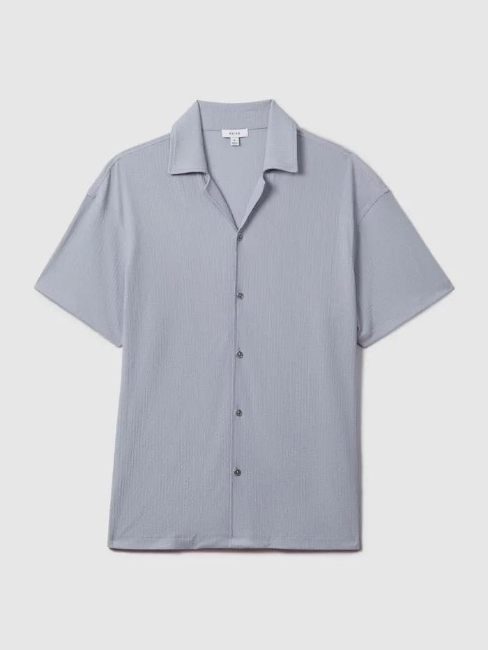 Men Reiss Shirts Hunt Textured Cuban Collar Shirt Porcelain Blue