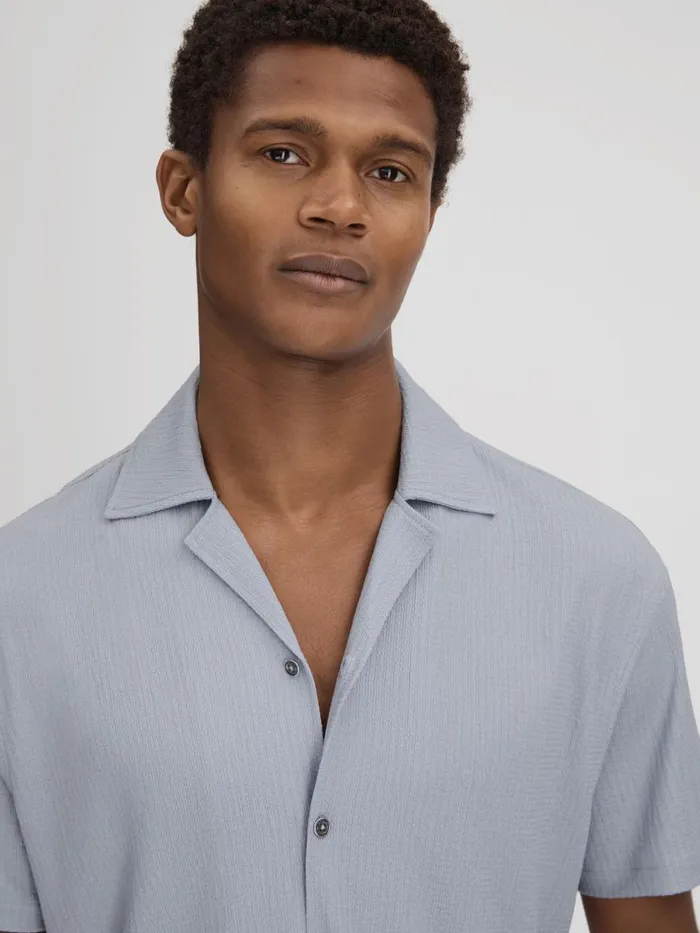 Men Reiss Shirts Hunt Textured Cuban Collar Shirt Porcelain Blue