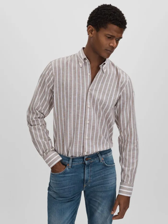 Men Reiss Shirts Jacobson CottonLinen Striped Shirt Beige