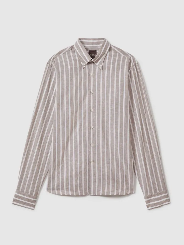 Men Reiss Shirts Jacobson CottonLinen Striped Shirt Beige