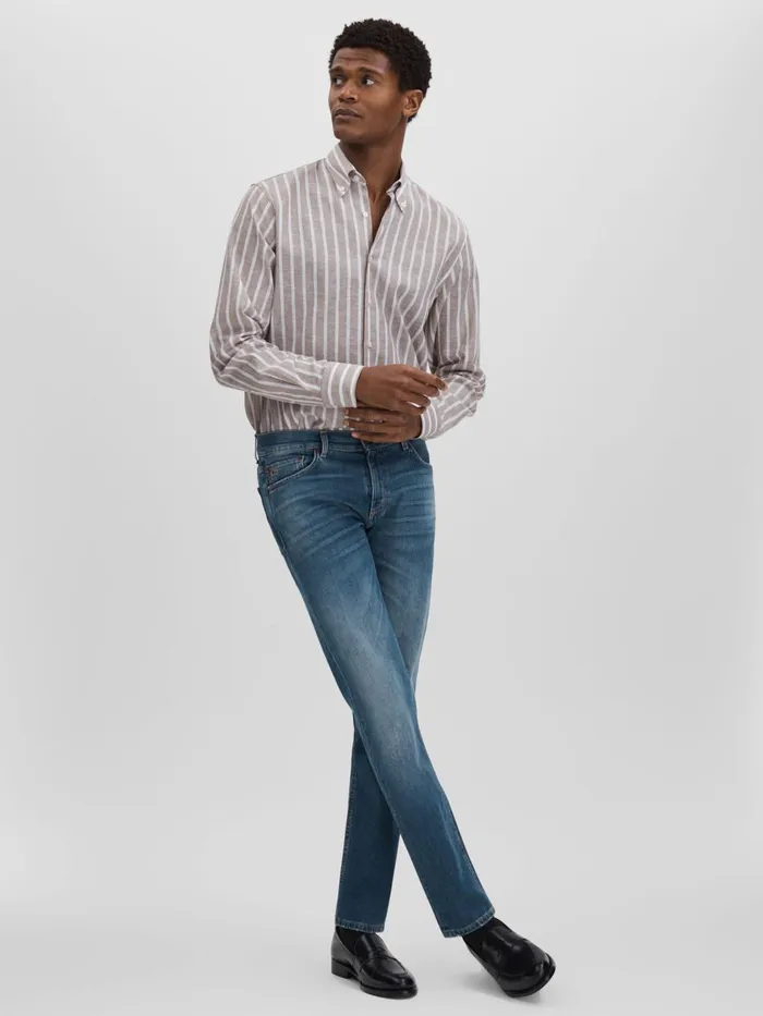 Men Reiss Shirts Jacobson CottonLinen Striped Shirt Beige
