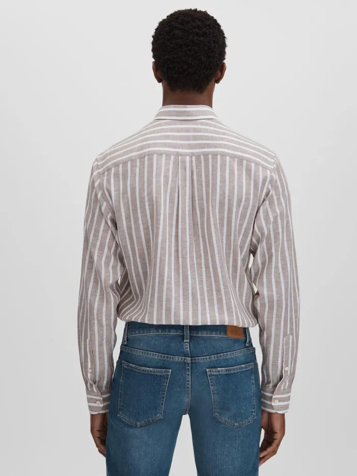 Men Reiss Shirts Jacobson CottonLinen Striped Shirt Beige