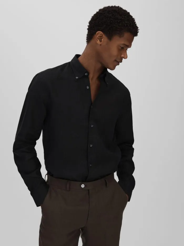 Men Reiss Shirts Jacobson Linen Button Down Collar Shirt Black