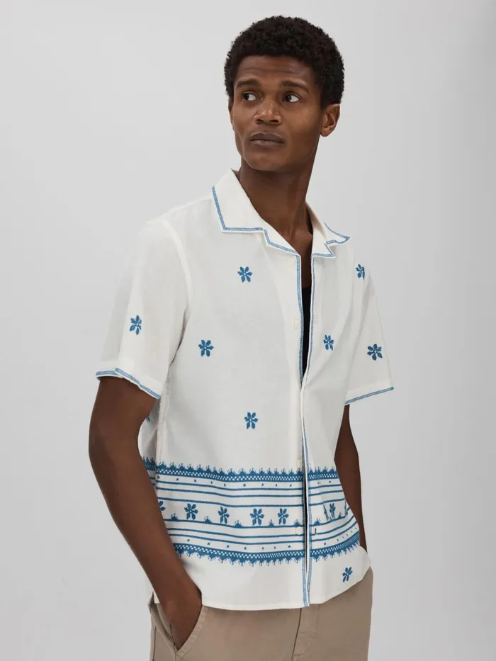 Men Reiss Shirts London Relaxed Cotton Linen Embroidered Shirt Blueecru
