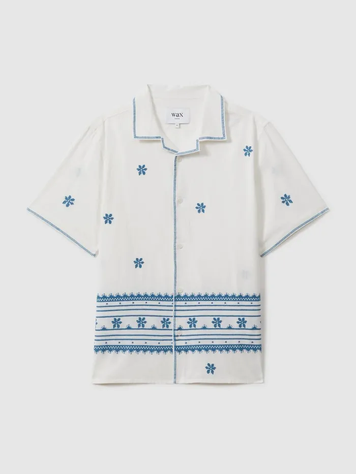 Men Reiss Shirts London Relaxed Cotton Linen Embroidered Shirt Blueecru