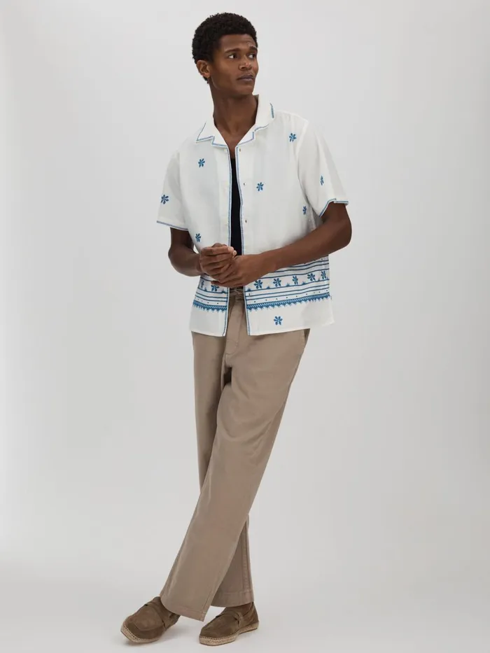 Men Reiss Shirts London Relaxed Cotton Linen Embroidered Shirt Blueecru