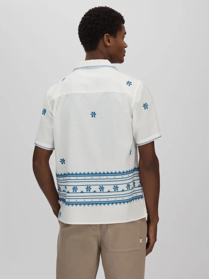 Men Reiss Shirts London Relaxed Cotton Linen Embroidered Shirt Blueecru