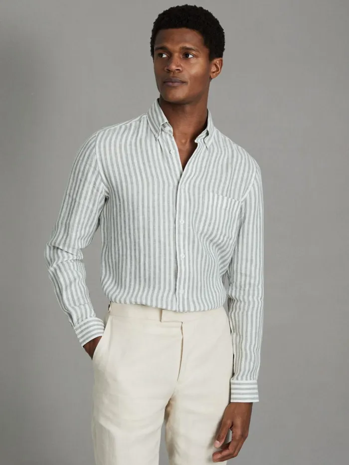 Men Reiss Shirts Queens Linen ButtonDown Collar Shirt Sage Bengal Stripe