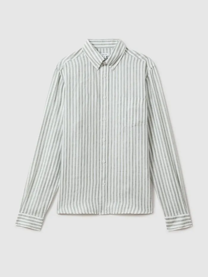 Men Reiss Shirts Queens Linen ButtonDown Collar Shirt Sage Bengal Stripe