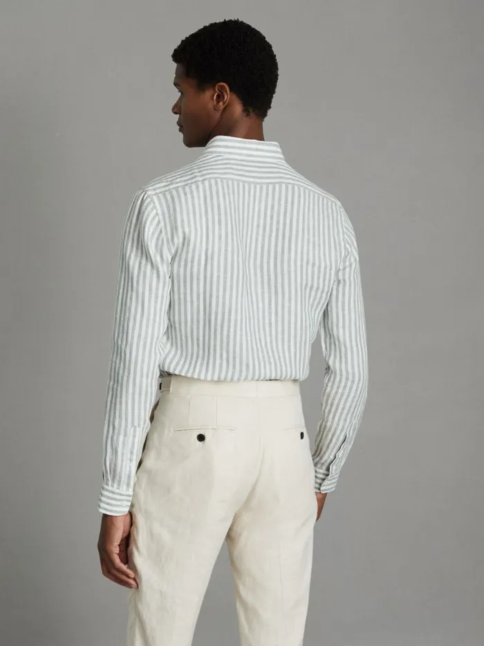 Men Reiss Shirts Queens Linen ButtonDown Collar Shirt Sage Bengal Stripe