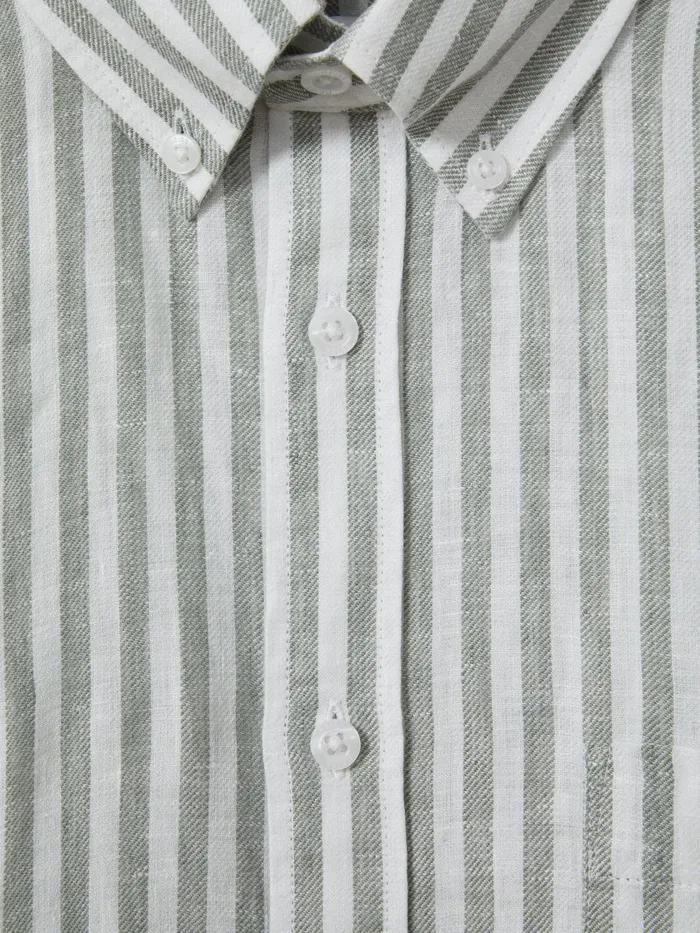 Men Reiss Shirts Queens Linen ButtonDown Collar Shirt Sage Bengal Stripe