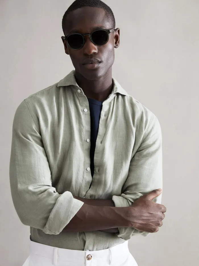 Men Reiss Shirts Ruban Linen ButtonThrough Shirt Sage