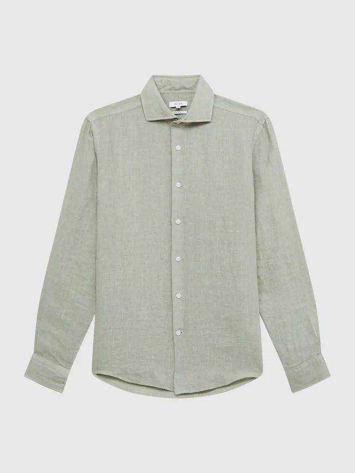 Men Reiss Shirts Ruban Linen ButtonThrough Shirt Sage