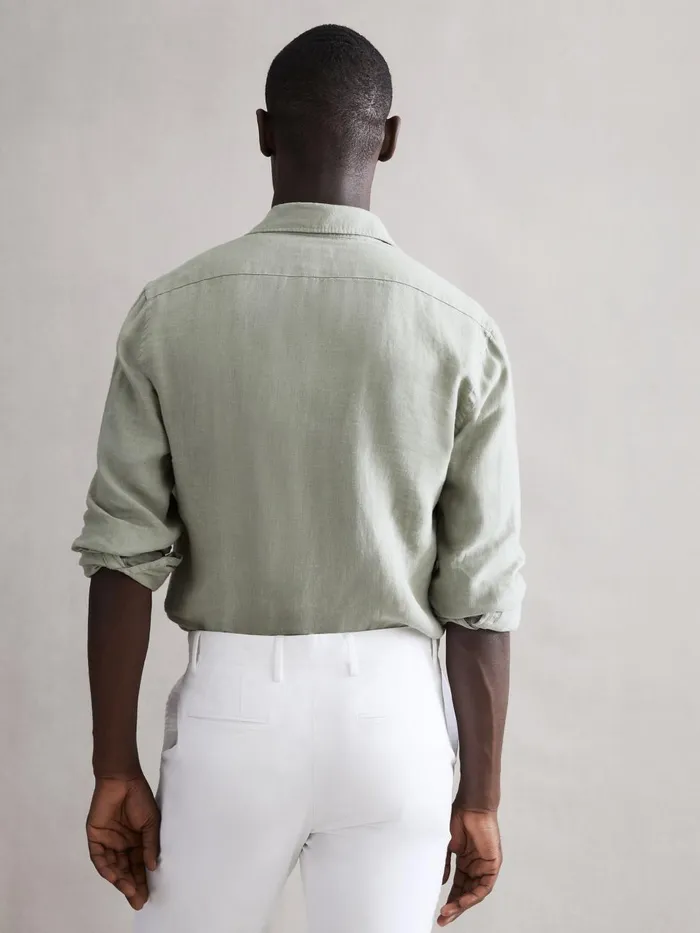Men Reiss Shirts Ruban Linen ButtonThrough Shirt Sage