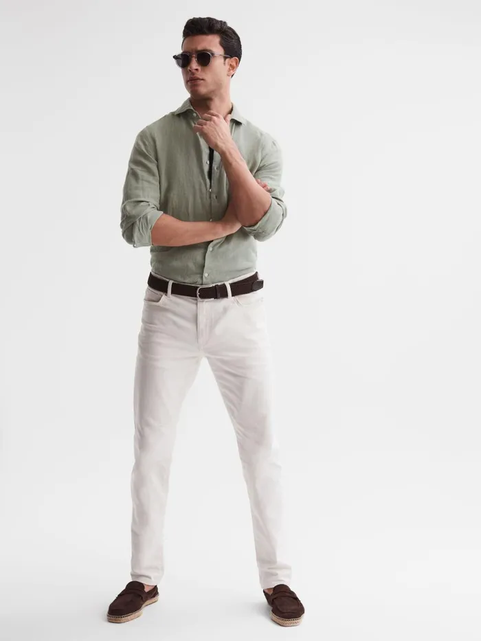 Men Reiss Shirts Ruban Linen ButtonThrough Shirt Sage