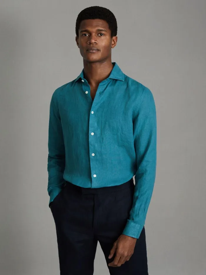 Men Reiss Shirts Ruban Linen Button Through Shirt Teal Blue