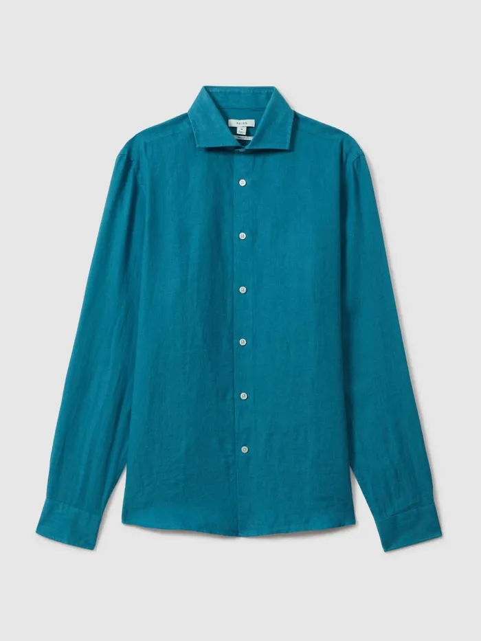 Men Reiss Shirts Ruban Linen Button Through Shirt Teal Blue