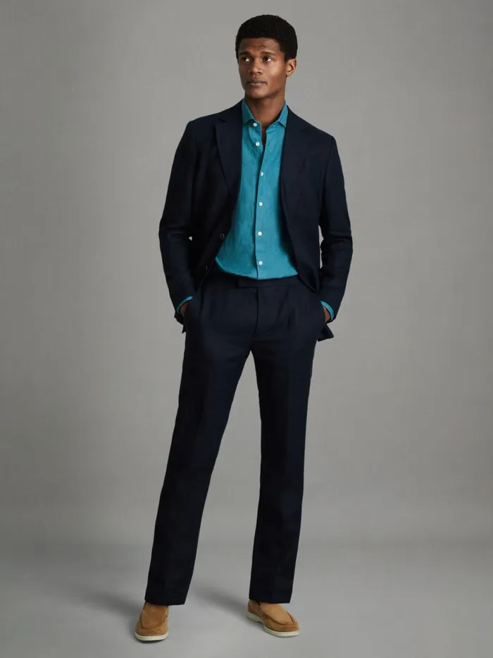 Men Reiss Shirts Ruban Linen Button Through Shirt Teal Blue