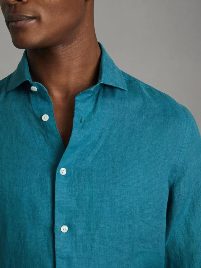 Men Reiss Shirts Ruban Linen Button Through Shirt Teal Blue