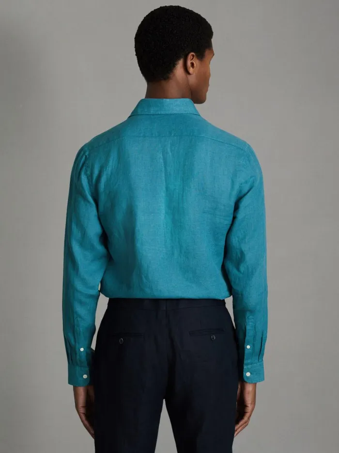 Men Reiss Shirts Ruban Linen Button Through Shirt Teal Blue