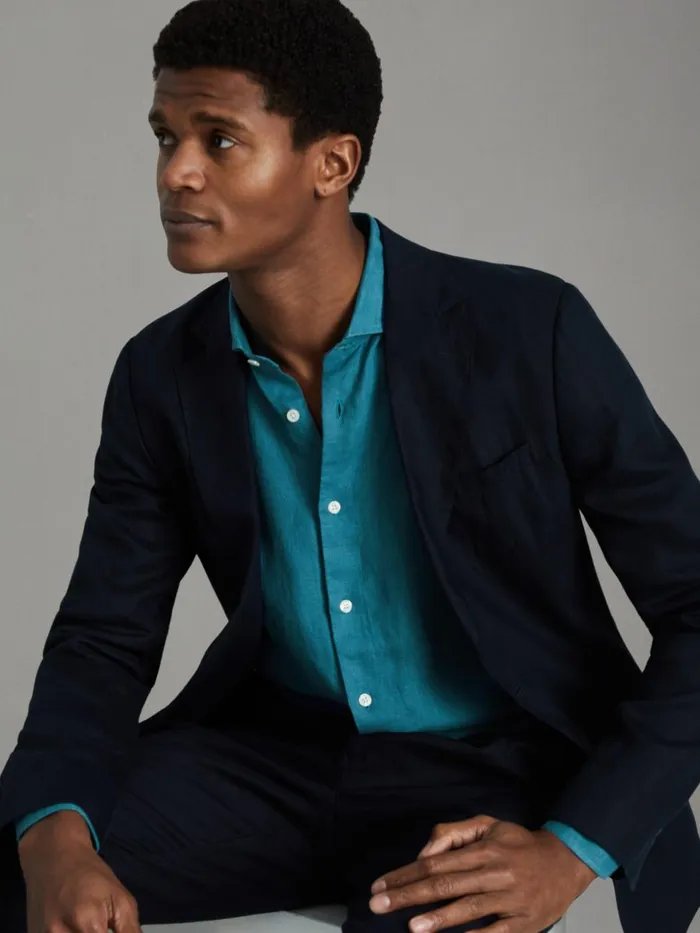 Men Reiss Shirts Ruban Linen Button Through Shirt Teal Blue