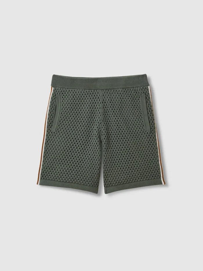 Men Reiss Shorts Creek Cotton Blend Crochet Drawstring Shorts Dark Sage Green