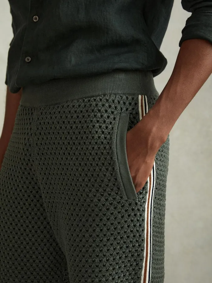 Men Reiss Shorts Creek Cotton Blend Crochet Drawstring Shorts Dark Sage Green