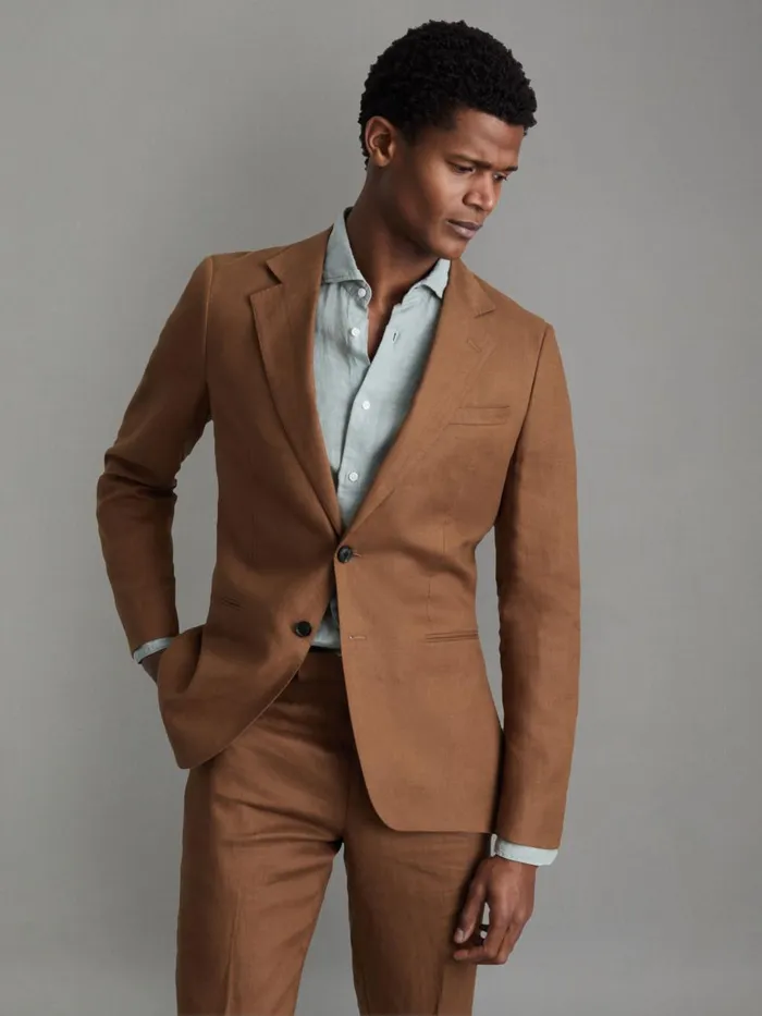 Men Reiss Suits and Tailoring Kin Slim Fit Single Breasted Linen Blazer Tobacco Brown Men Reiss Suits and Tailoring Kin Slim Fit Single Breasted Linen Blazer Tobacco Brown