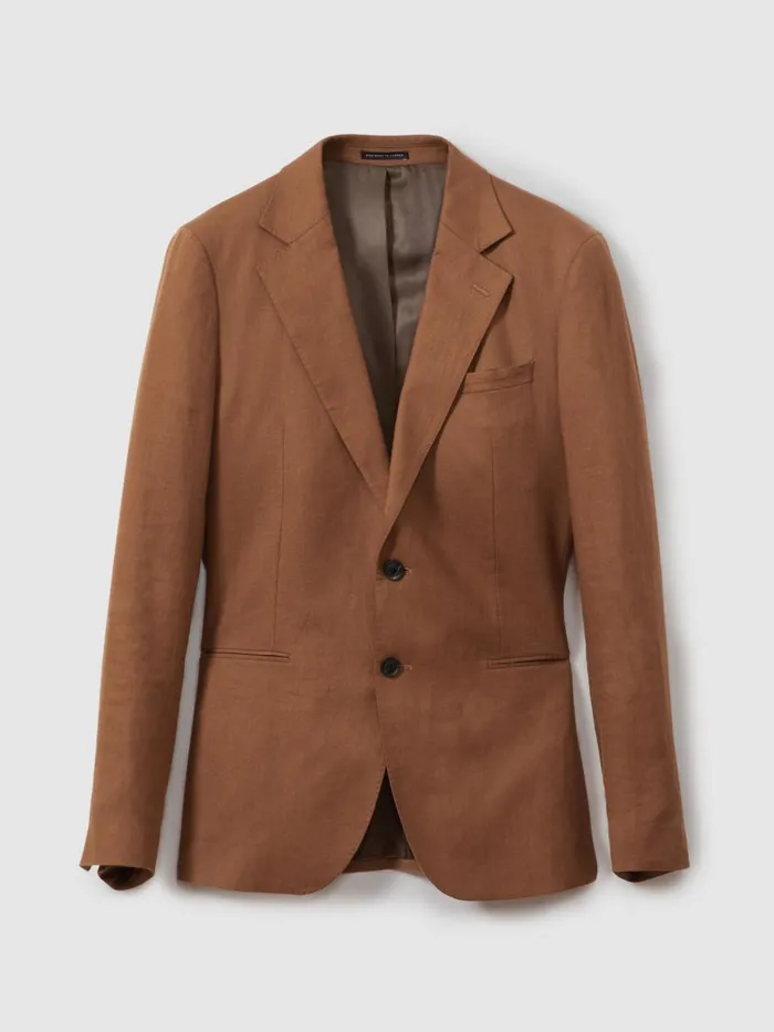 Men Reiss Suits and Tailoring Kin Slim Fit Single Breasted Linen Blazer Tobacco Brown
